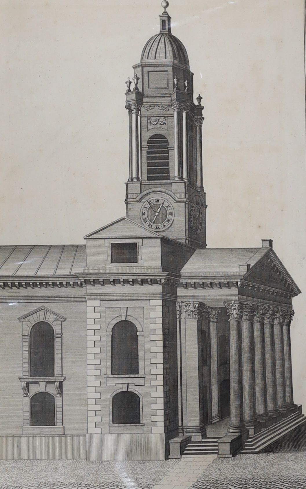 O.S. Sheldon, ink and watercolour, St Peter's Church, Brighton, initialled, 49 x 29cm, unframed and eight assorted 18th century engravings of London Churches